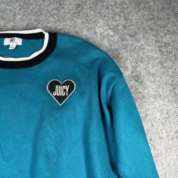 Juicy Couture Sweater Women’s XL Y2K Pullover Knit JUICY Heart Patch Blue - Picture 2 of 7